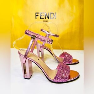 Fendi Delfina Heel Strap Sandals Pink Metallic Goat Leather FF Sequin Size 37